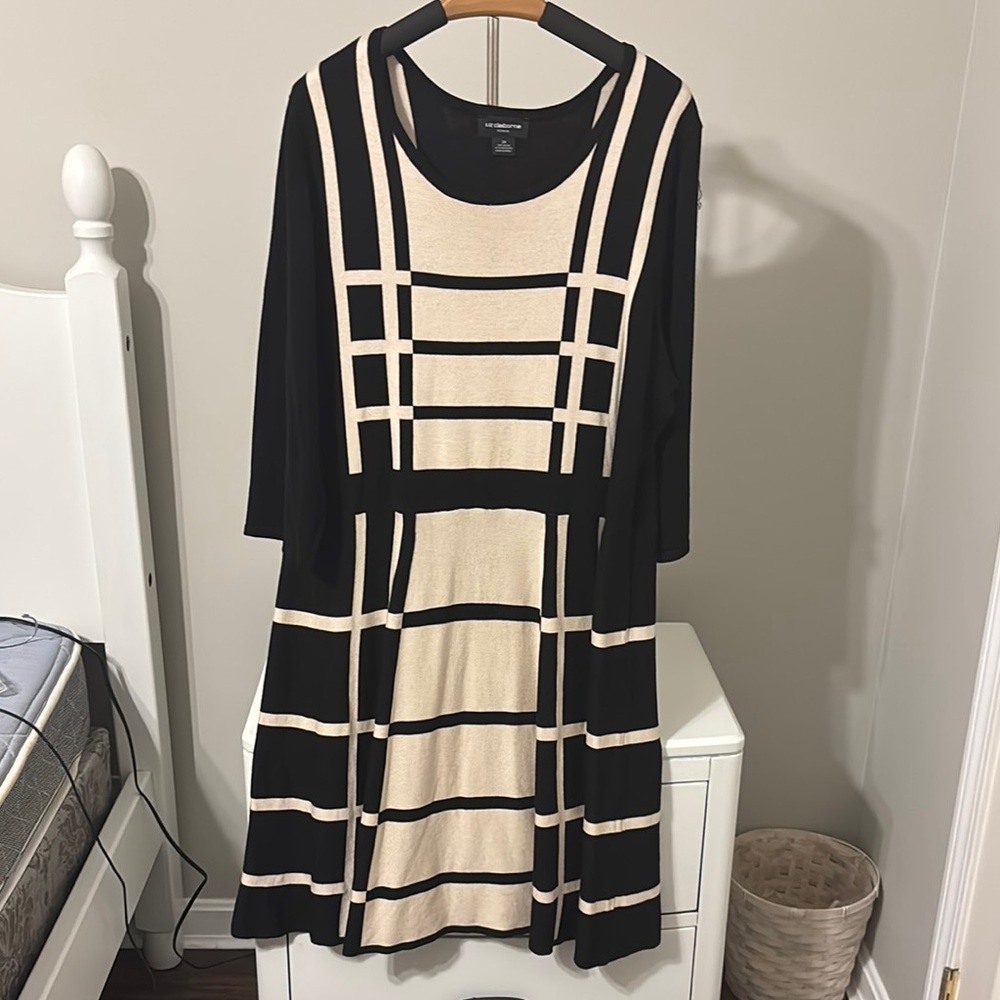 Liz Claiborne Black and Cream Grid-Pattern Long Sleeve Fit & Flare Dress